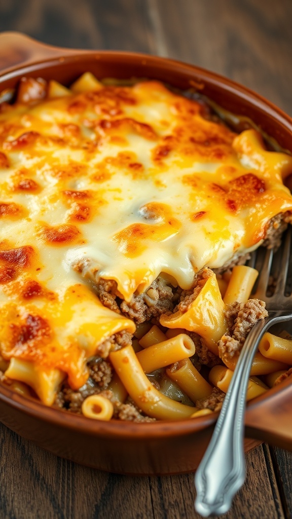 A delicious hamburger casserole with ground beef, pasta, and melted cheese in a rustic dish.